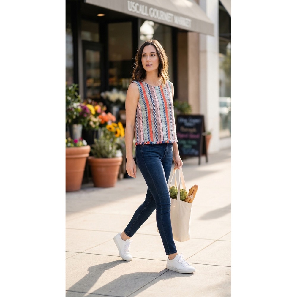 DREW Women Multi Color Striped Tweed Fringe Hem Button Back Shell Top Size M